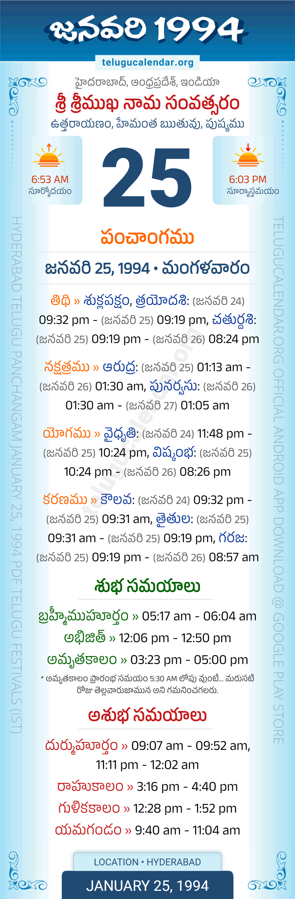 January 25, 1994 Telugu Calendar Panchangam Daily