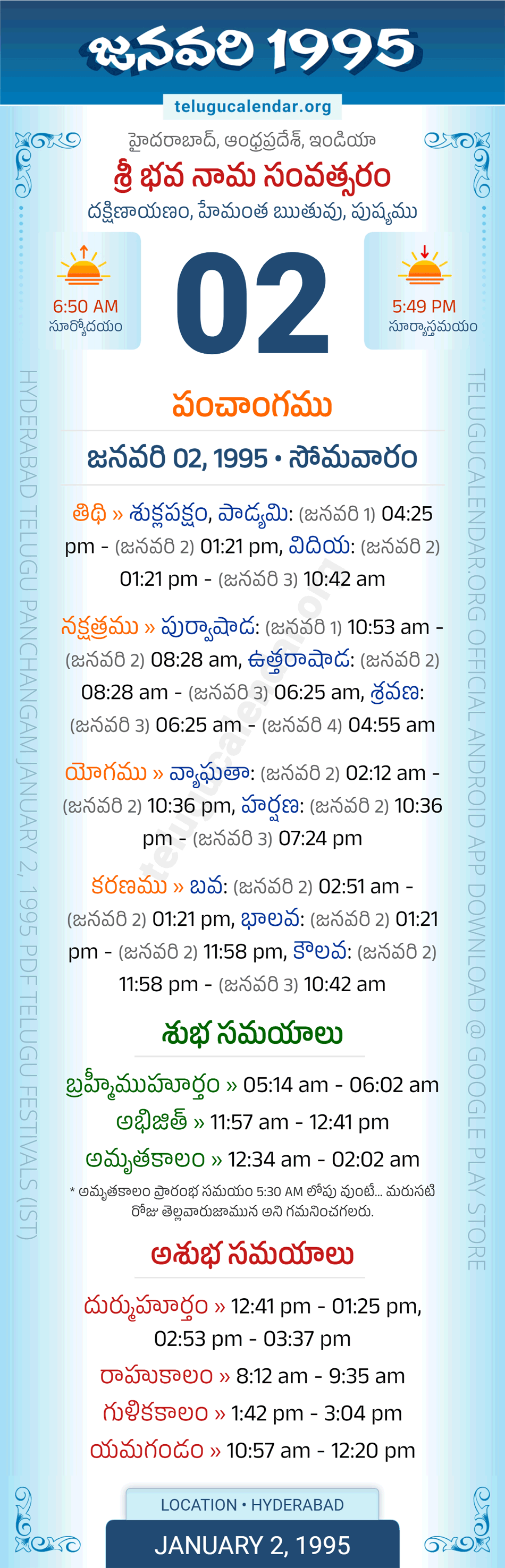 January 2, 1995 Telugu Calendar Panchangam Daily