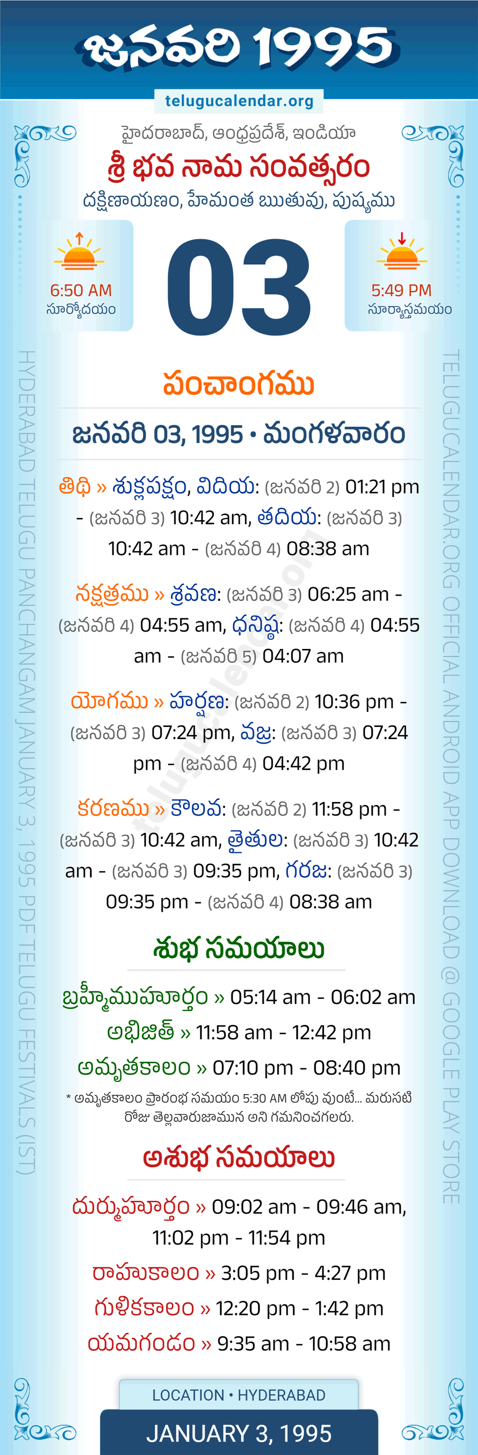 January 3, 1995 Telugu Calendar Panchangam Daily