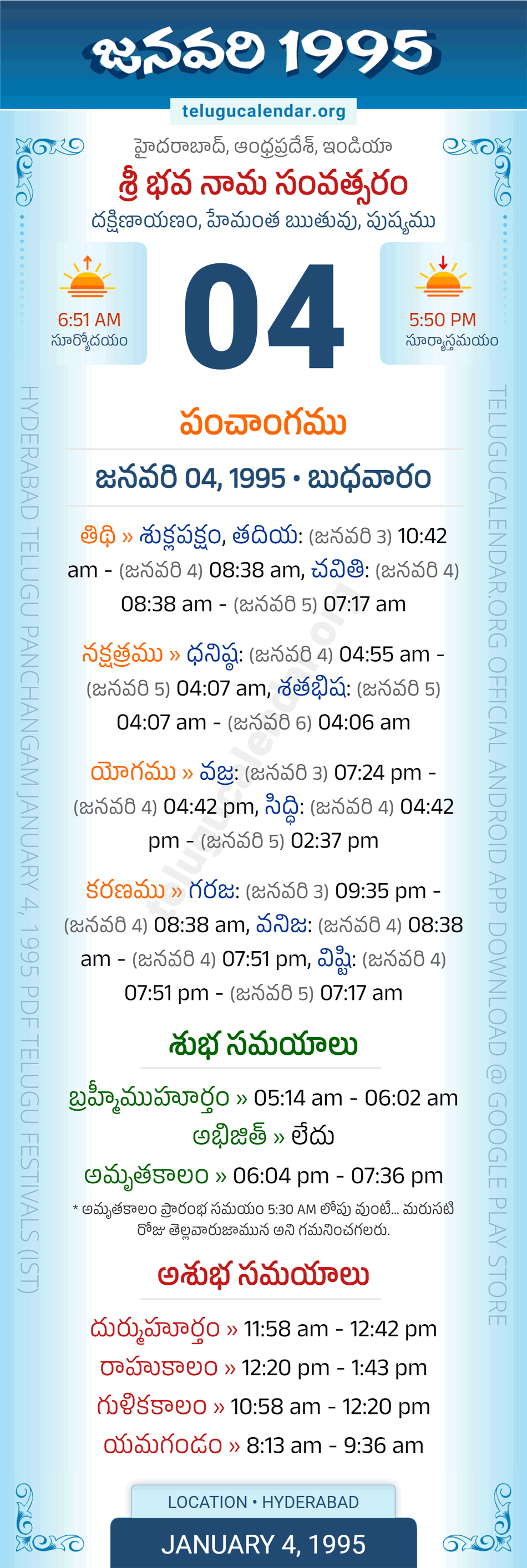 January 4, 1995 Telugu Calendar Panchangam Daily