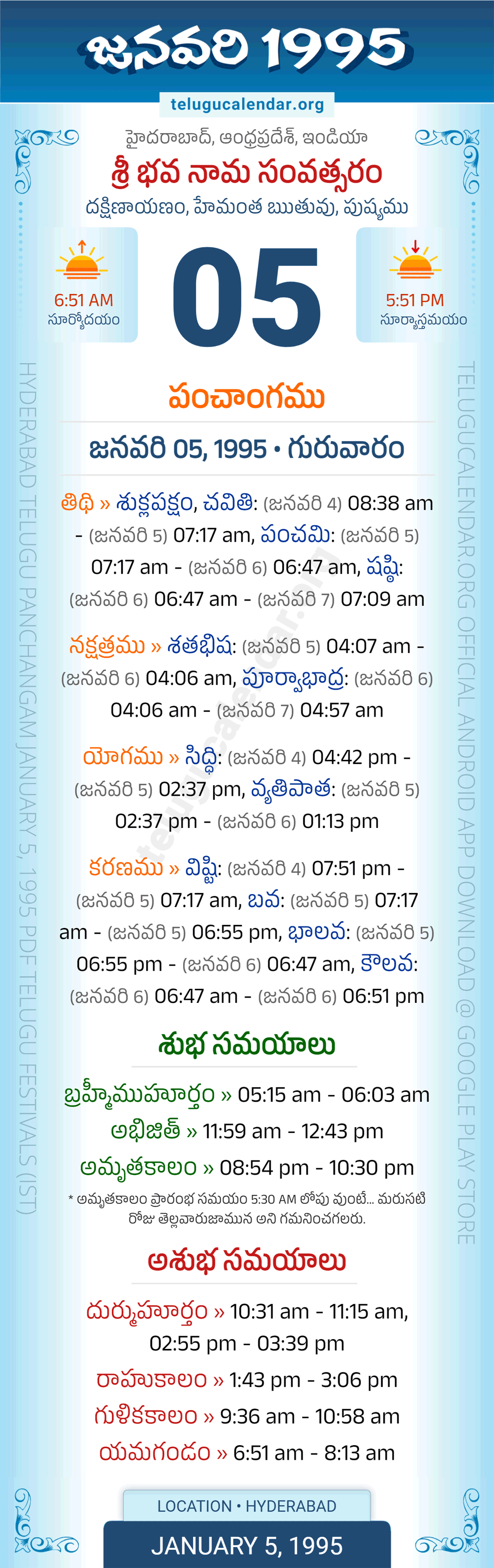 January 5, 1995 Telugu Calendar Panchangam Daily