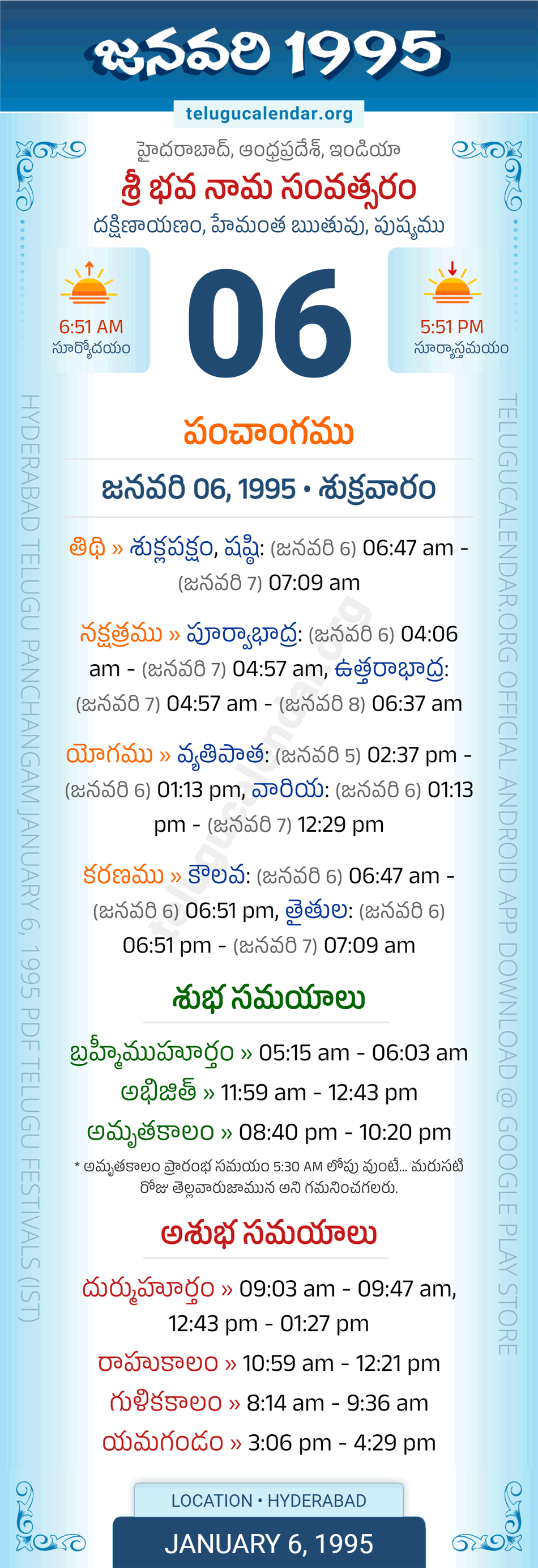 January 6, 1995 Telugu Calendar Panchangam Daily