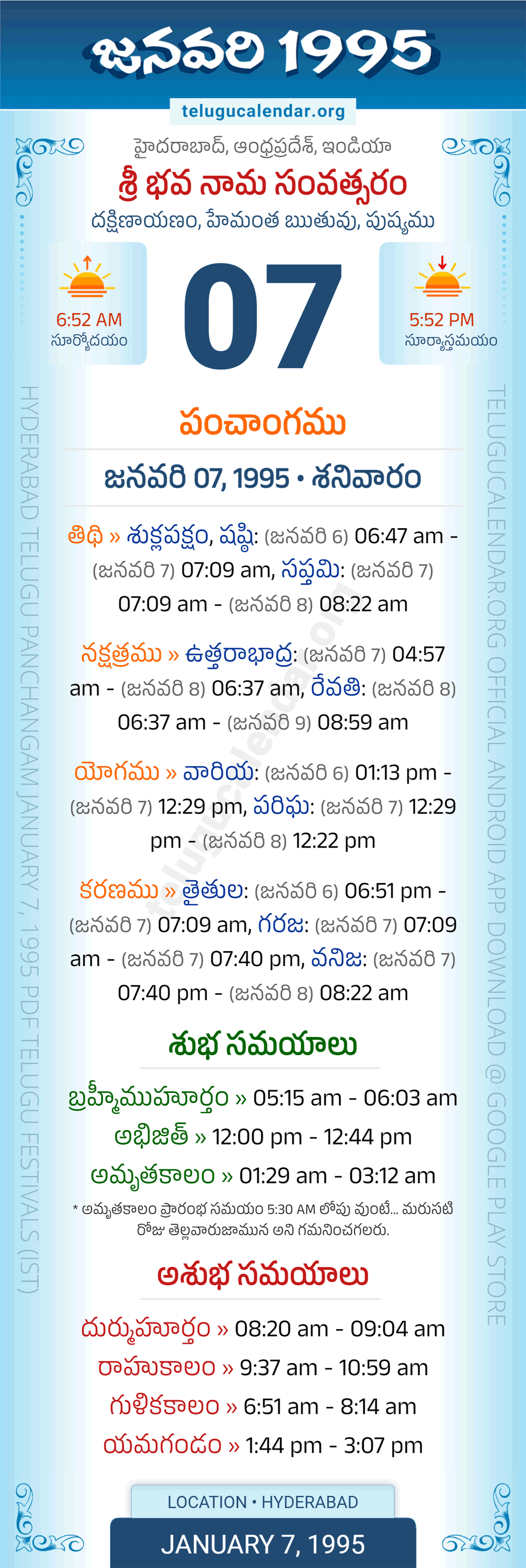 January 7, 1995 Telugu Calendar Panchangam Daily