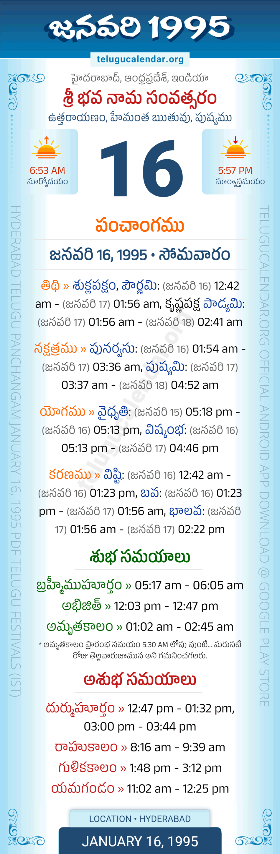 January 16, 1995 Telugu Calendar Panchangam Daily