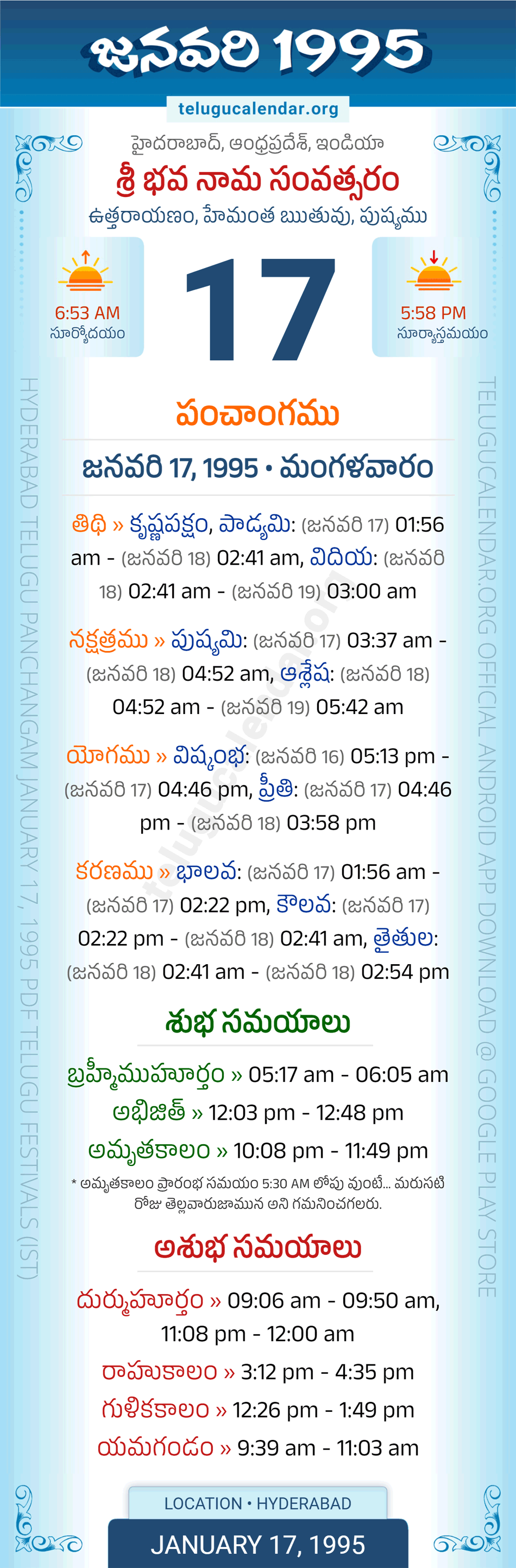 January 17, 1995 Telugu Calendar Panchangam Daily