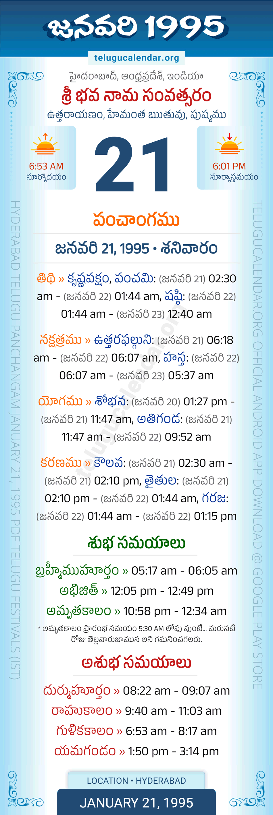 January 21, 1995 Telugu Calendar Panchangam Daily