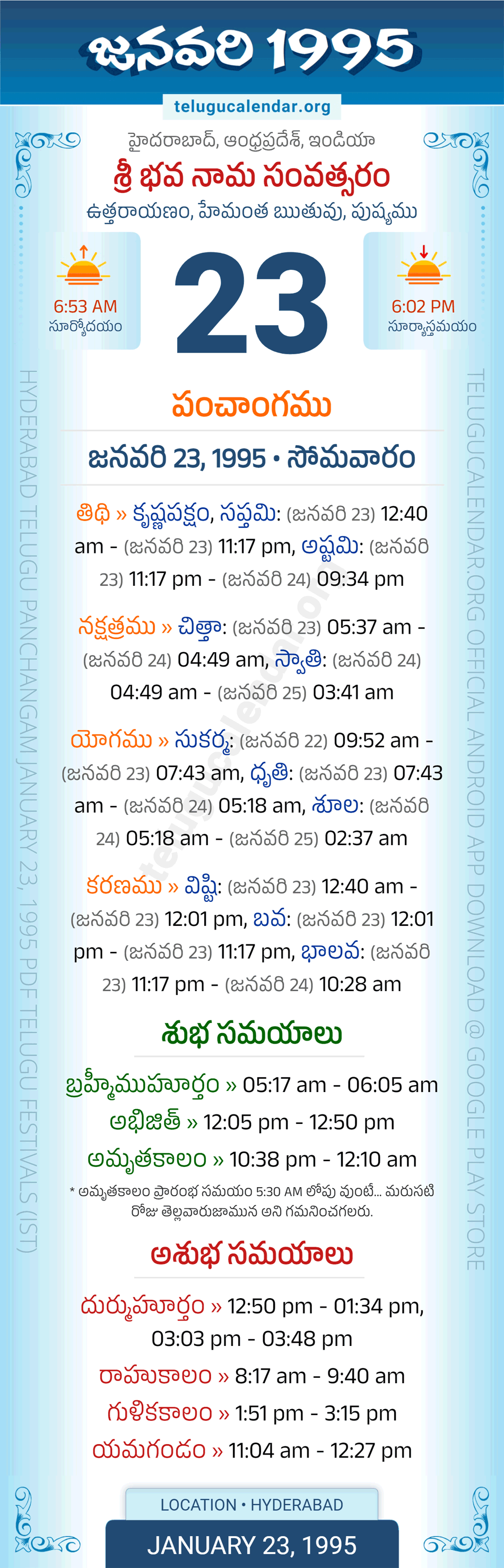January 23, 1995 Telugu Calendar Panchangam Daily