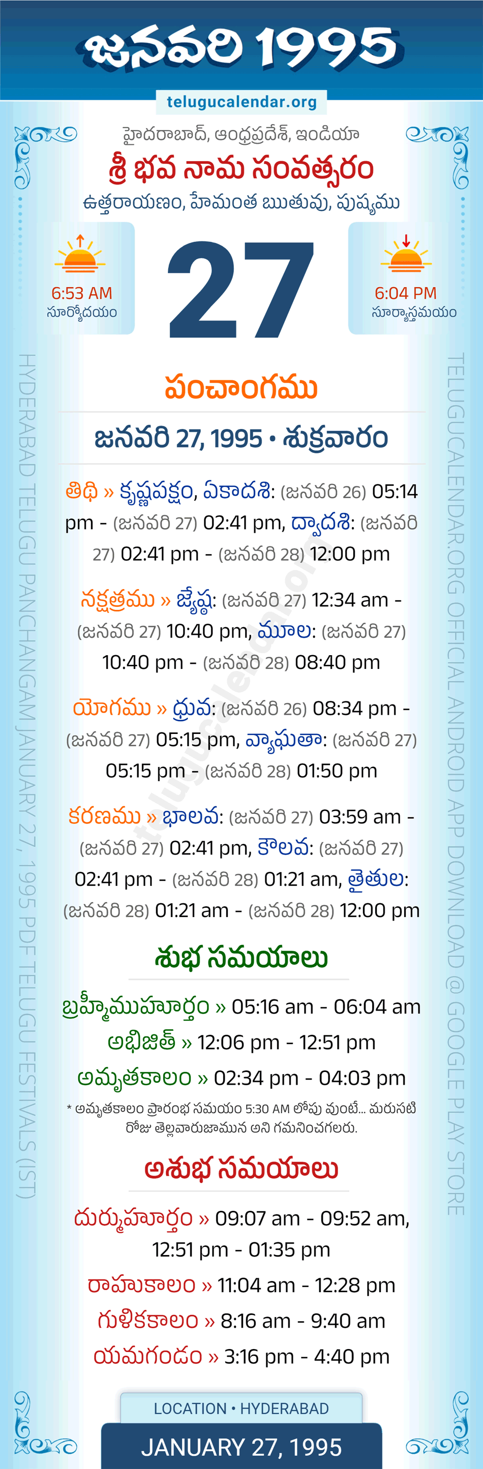 January 27, 1995 Telugu Calendar Panchangam Daily