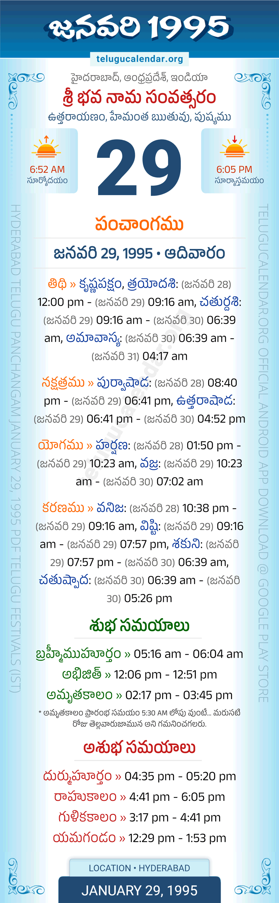 January 29, 1995 Telugu Calendar Panchangam Daily