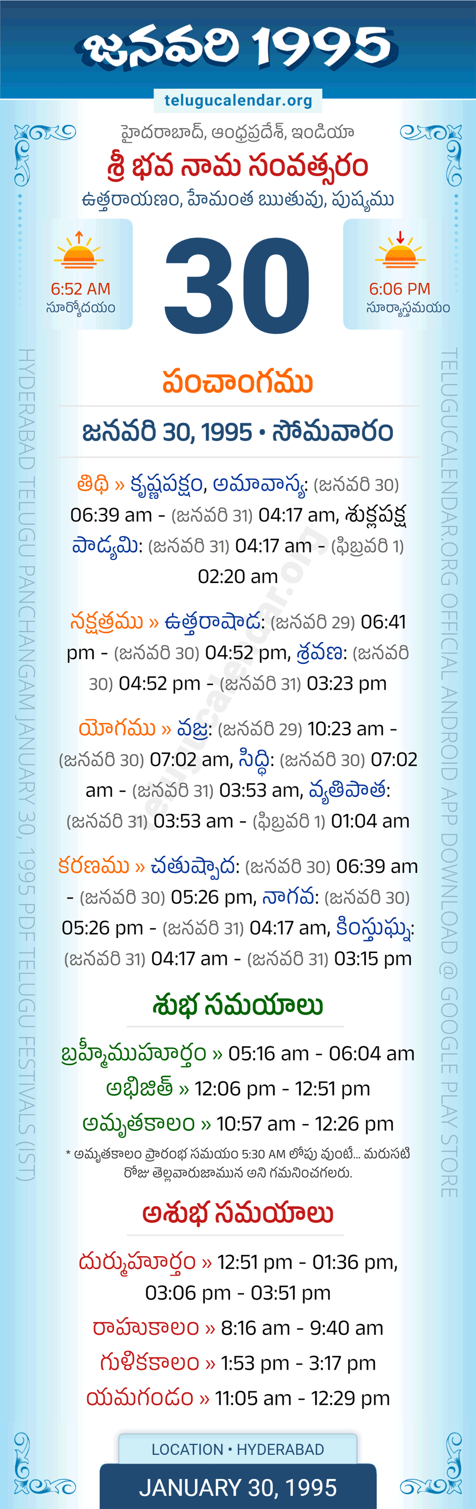 January 30, 1995 Telugu Calendar Panchangam Daily