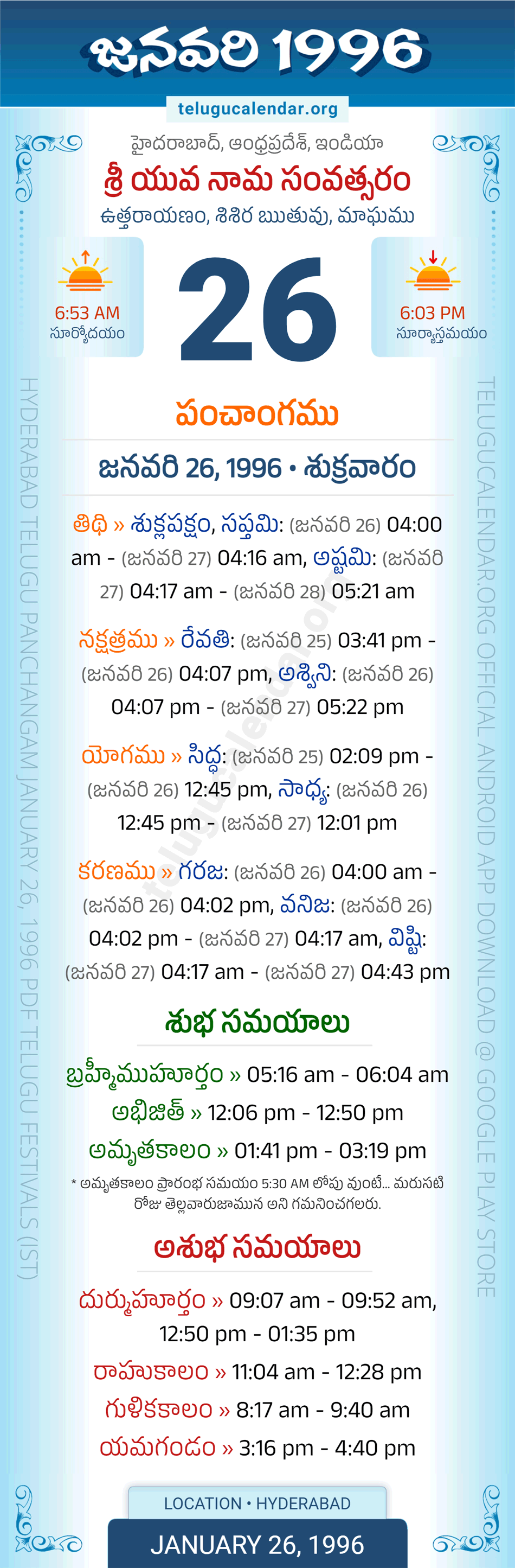 January 26, 1996 Telugu Calendar Panchangam Daily
