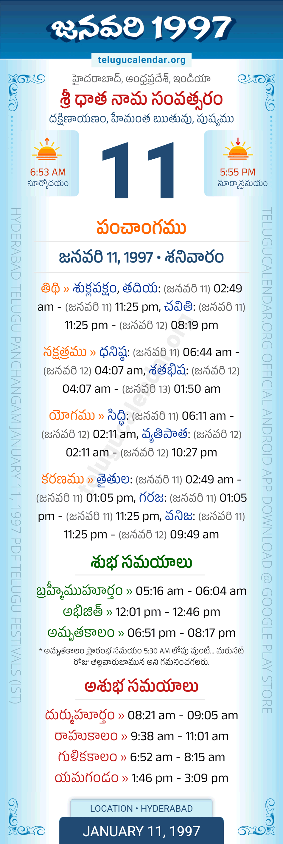 January 11, 1997 Telugu Calendar Panchangam Daily