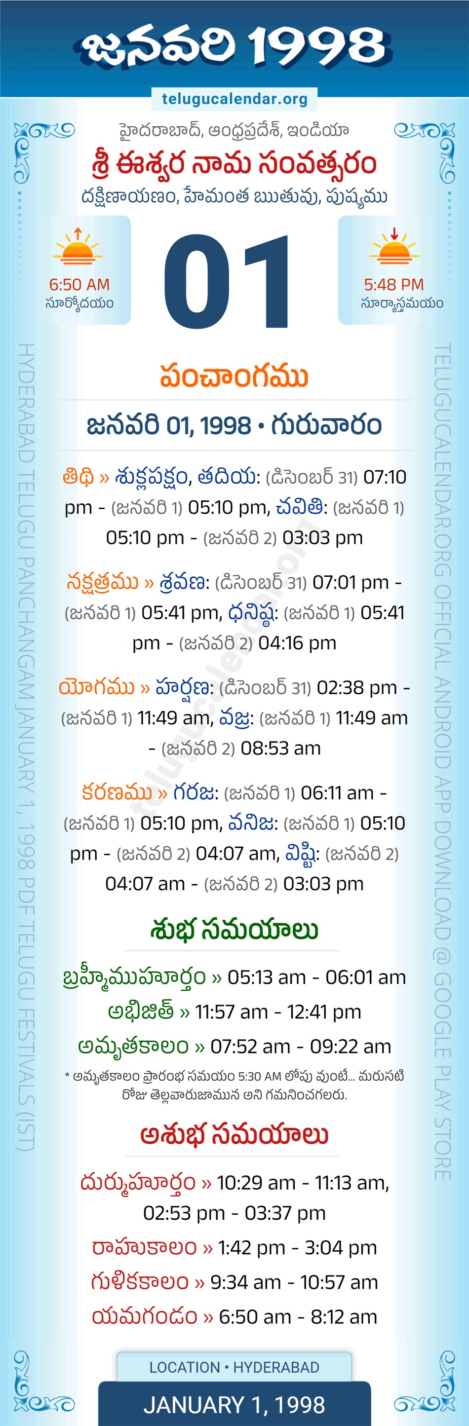 January 1, 1998 Telugu Calendar Panchangam Daily