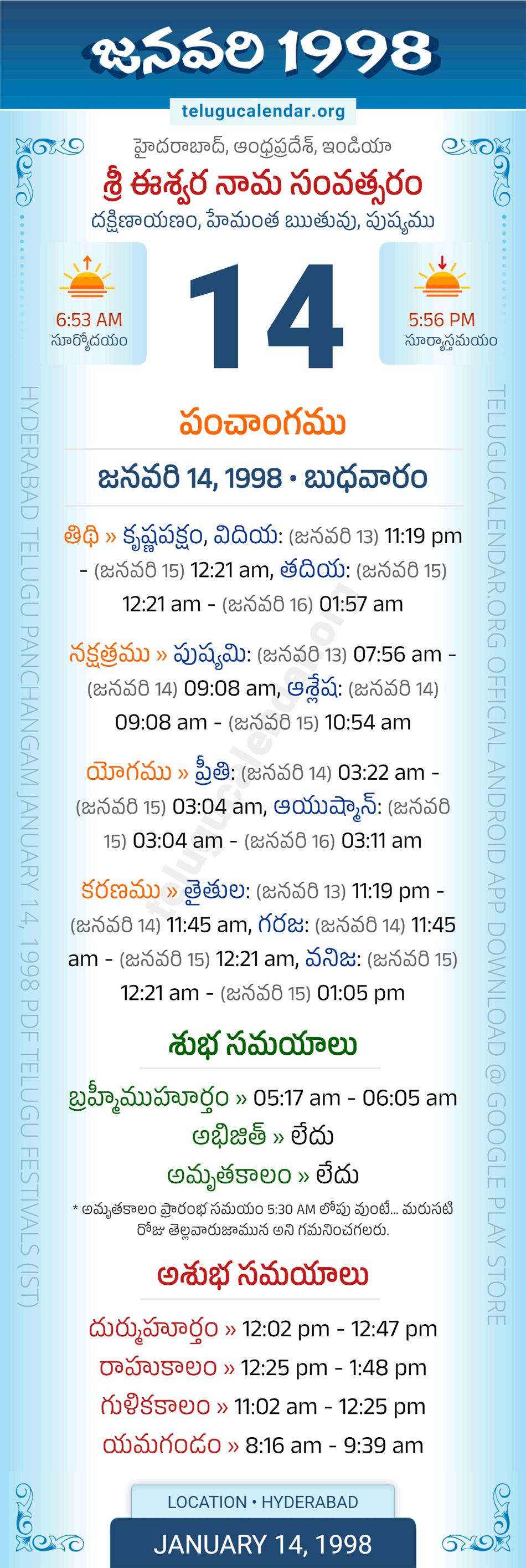 January 14, 1998 Telugu Calendar Panchangam Daily