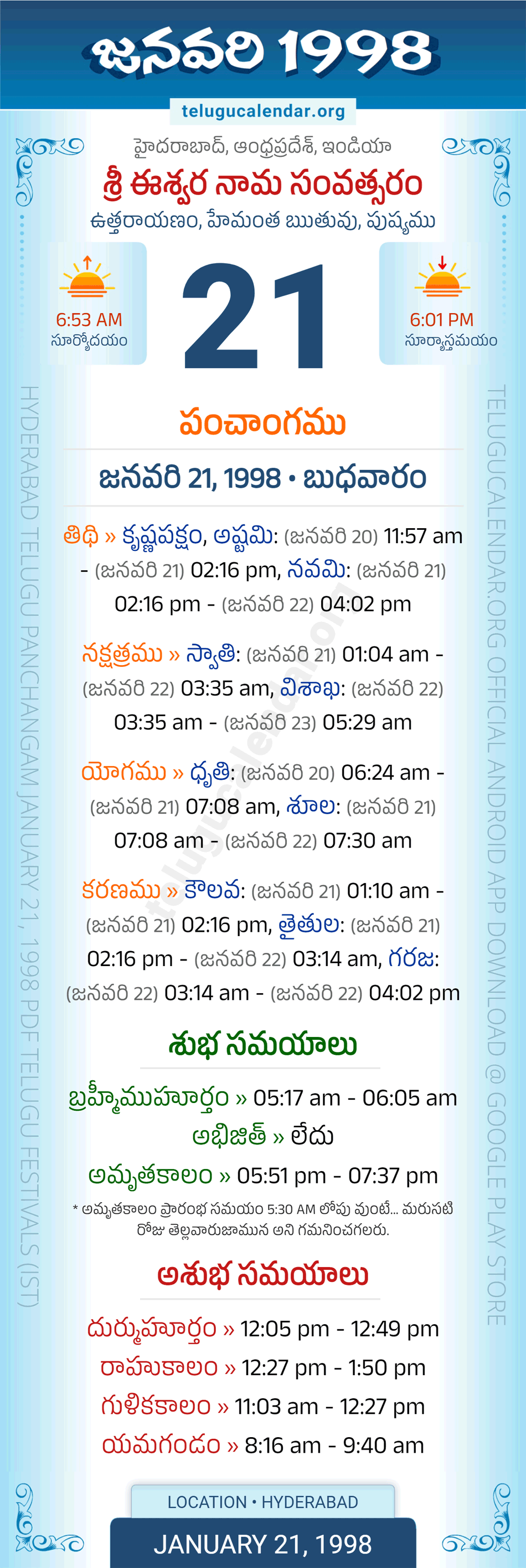 January 21, 1998 Telugu Calendar Panchangam Daily