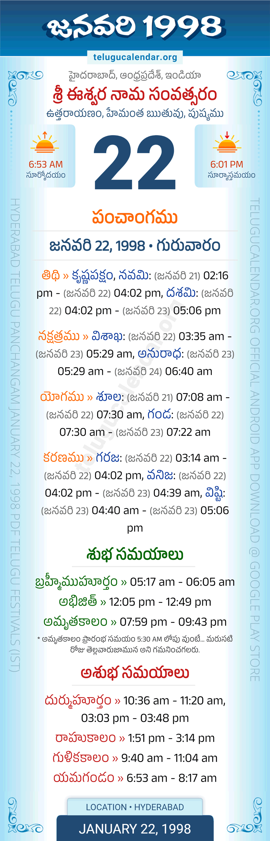 January 22, 1998 Telugu Calendar Panchangam Daily