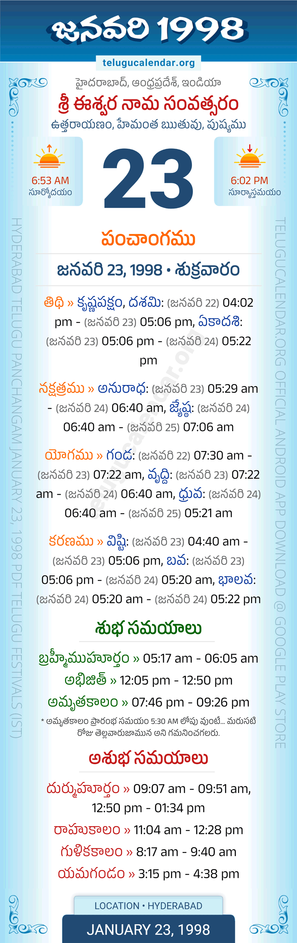 January 23, 1998 Telugu Calendar Panchangam Daily