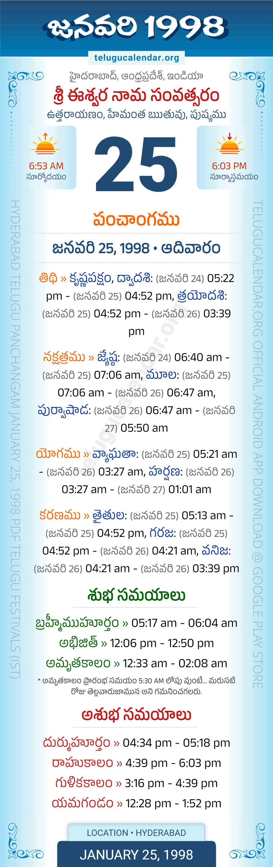 January 25, 1998 Telugu Calendar Panchangam Daily