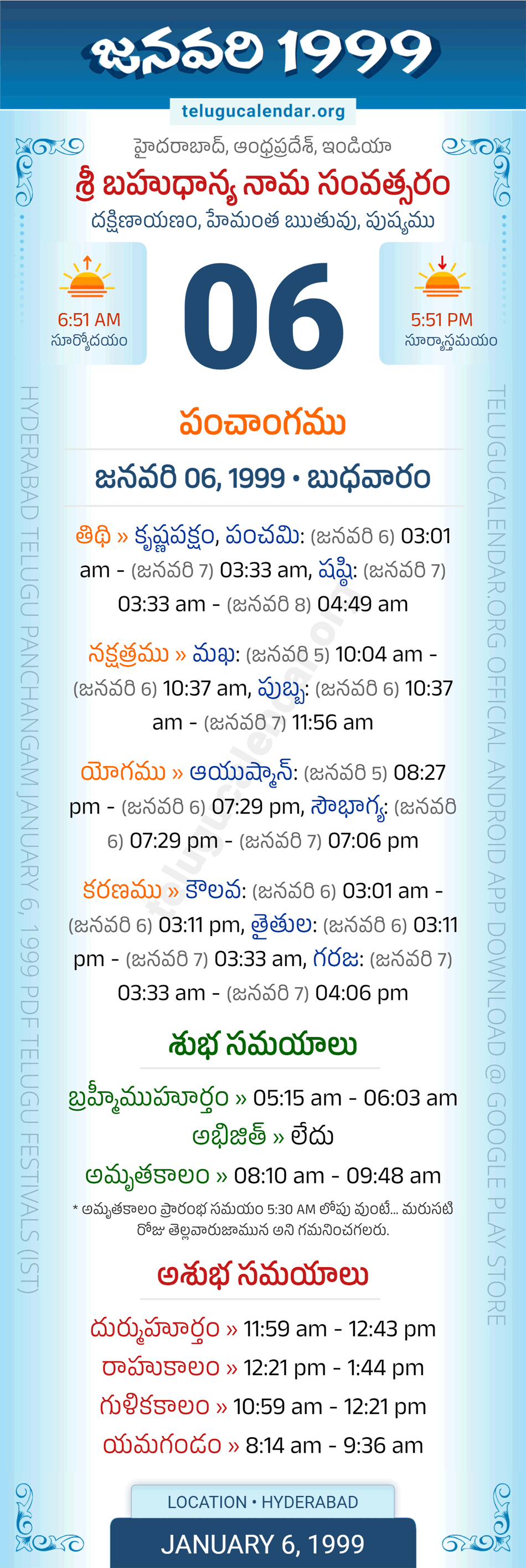 January 6, 1999 Telugu Calendar Panchangam Daily