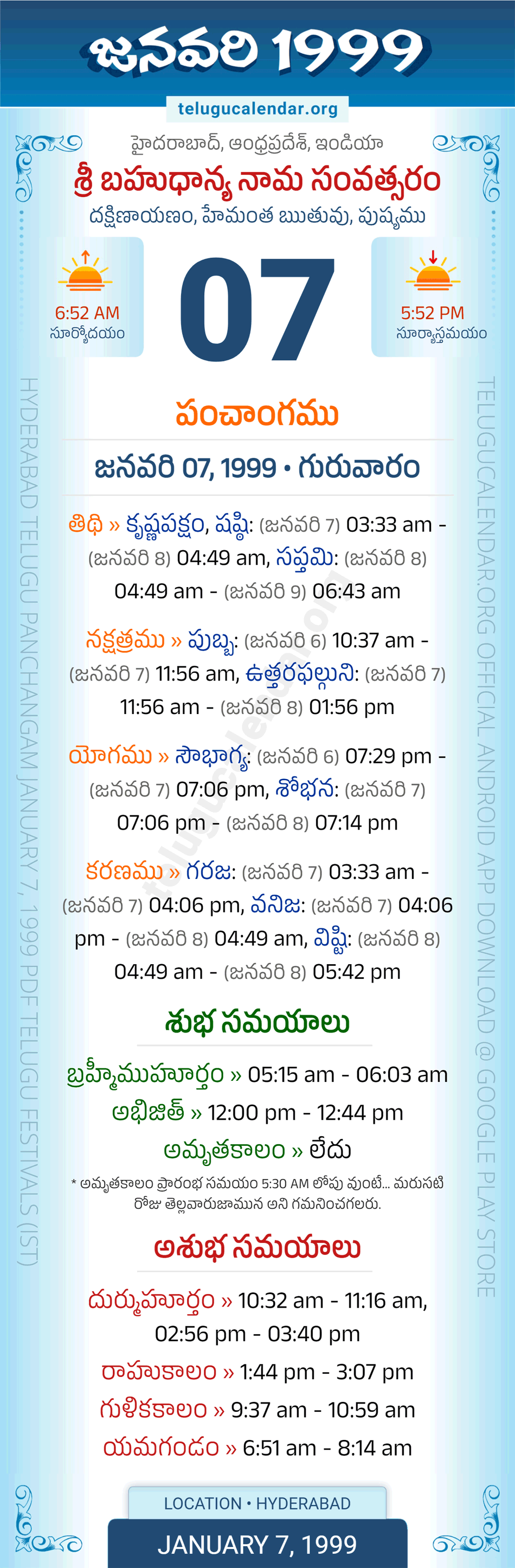 January 7, 1999 Telugu Calendar Panchangam Daily