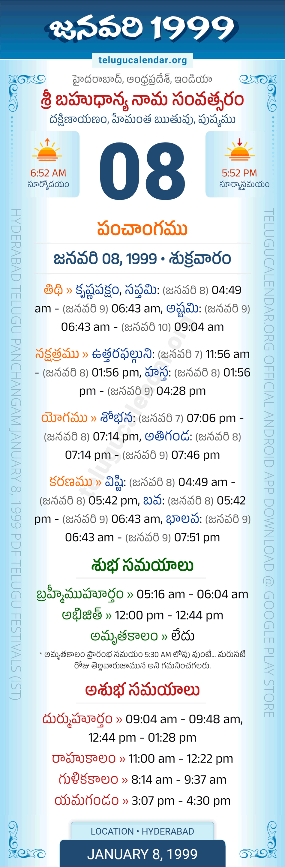January 8, 1999 Telugu Calendar Panchangam Daily