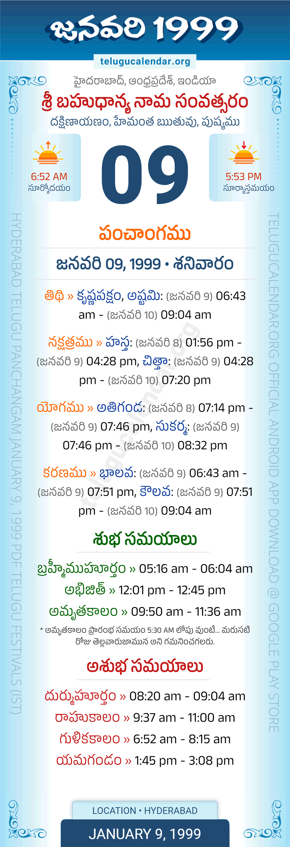 January 9, 1999 Telugu Calendar Panchangam Daily