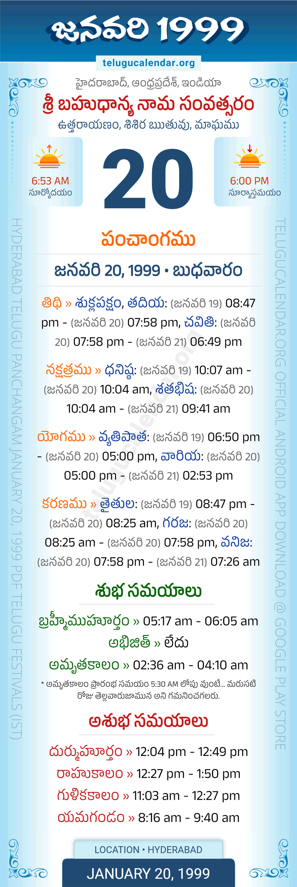January 20, 1999 Telugu Calendar Panchangam Daily