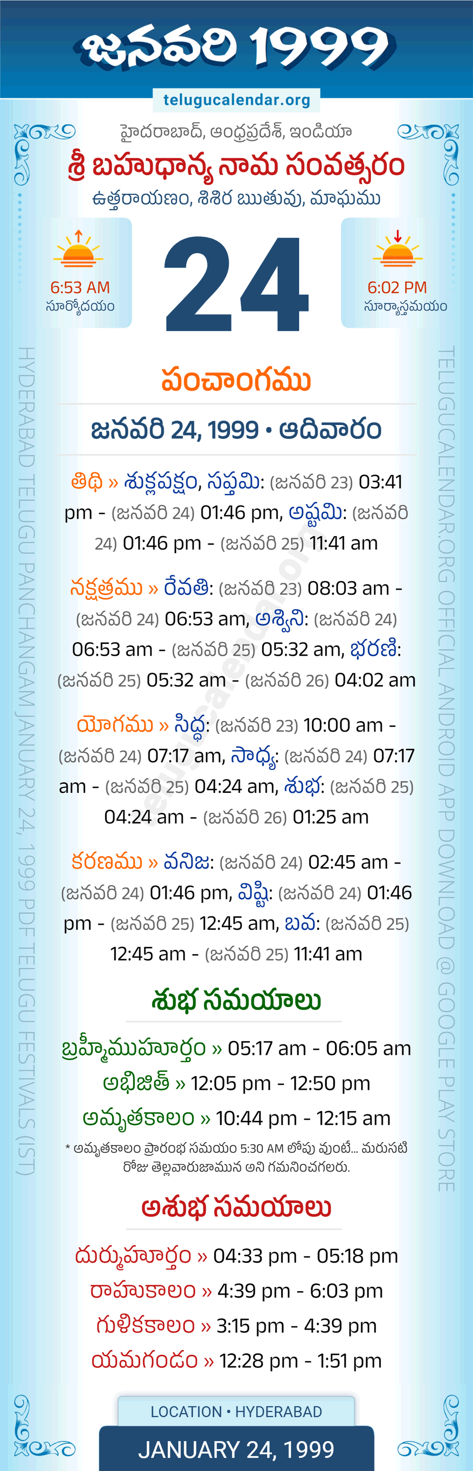 January 24, 1999 Telugu Calendar Panchangam Daily