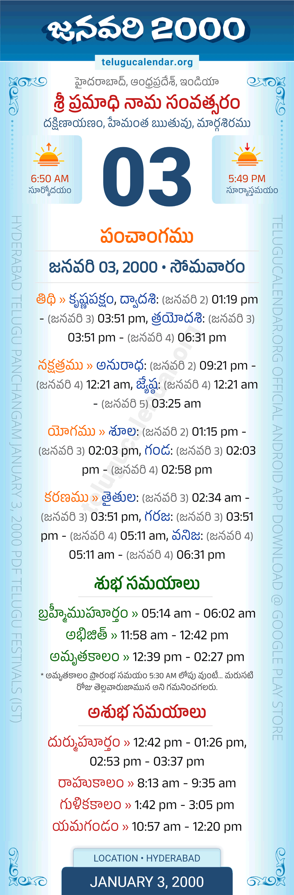 January 3, 2000 Telugu Calendar Panchangam Daily