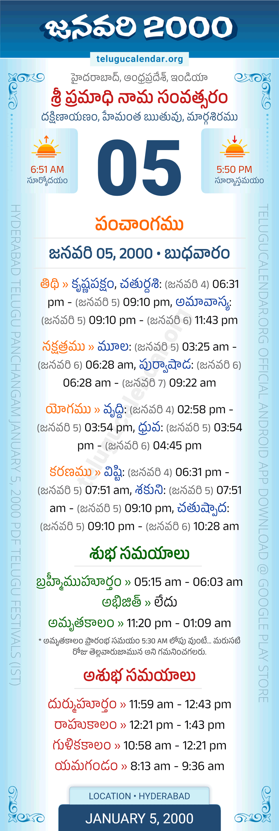January 5, 2000 Telugu Calendar Panchangam Daily