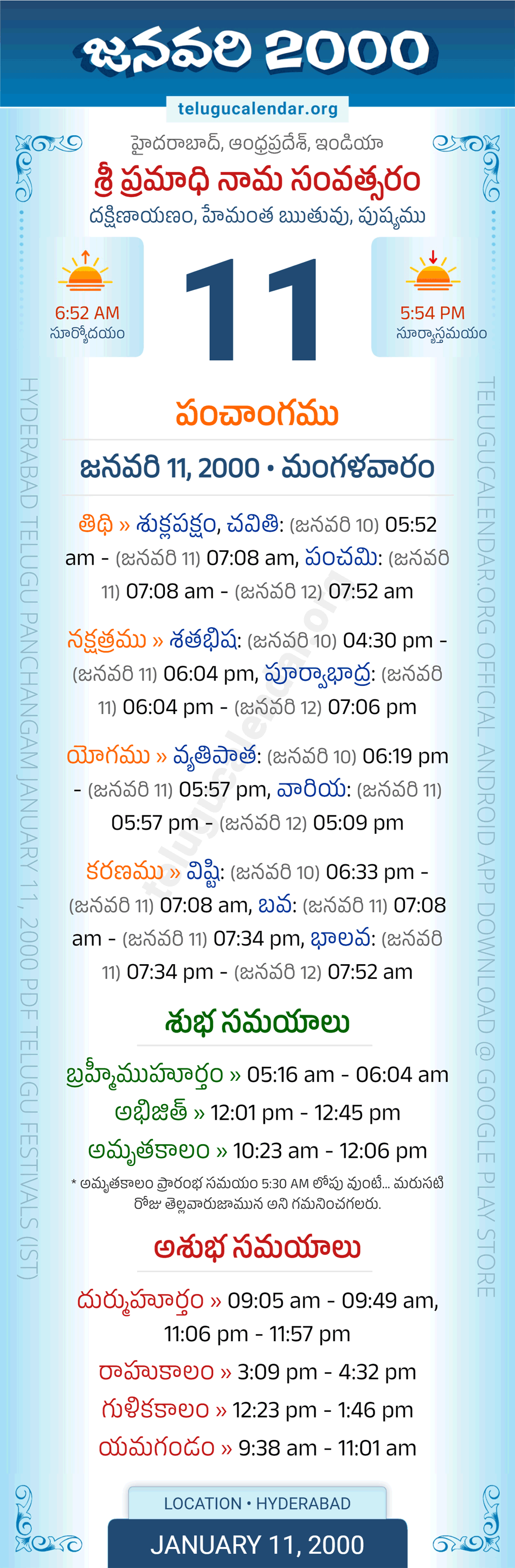 January 11, 2000 Telugu Calendar Panchangam Daily