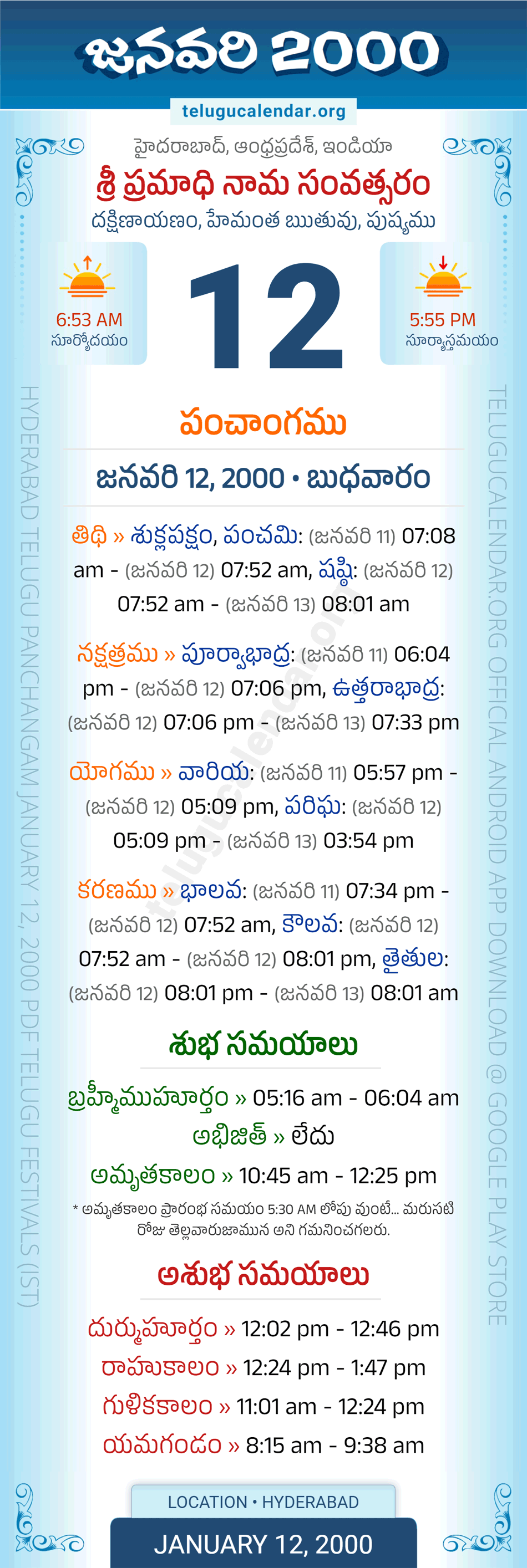 January 12, 2000 Telugu Calendar Panchangam Daily