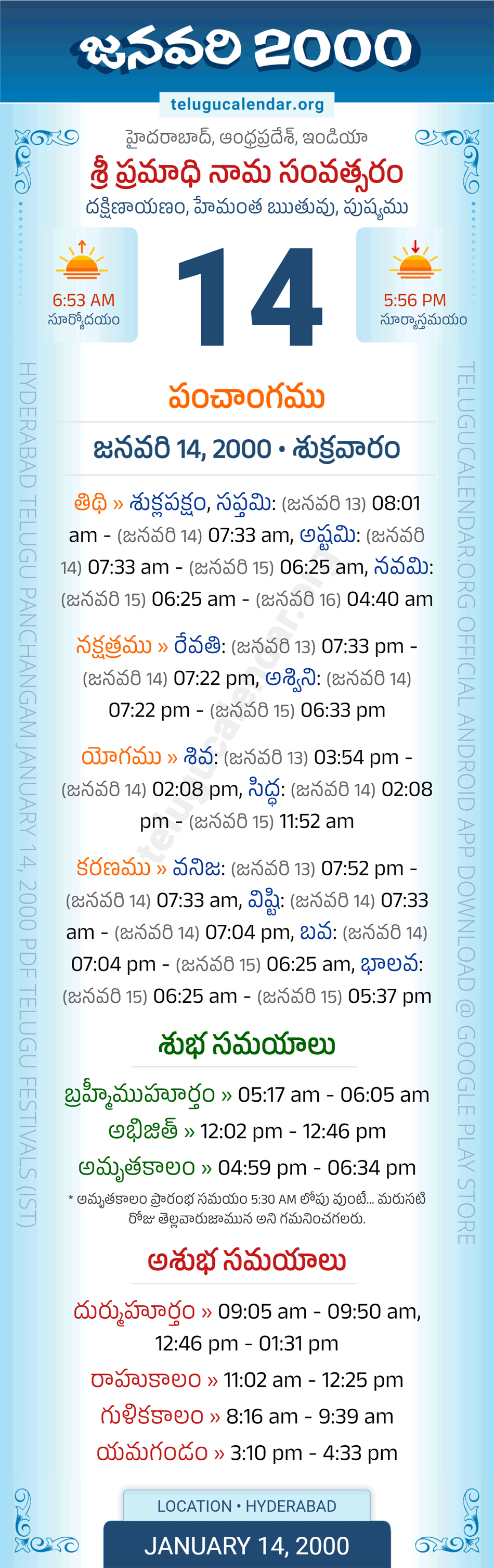 January 14, 2000 Telugu Calendar Panchangam Daily