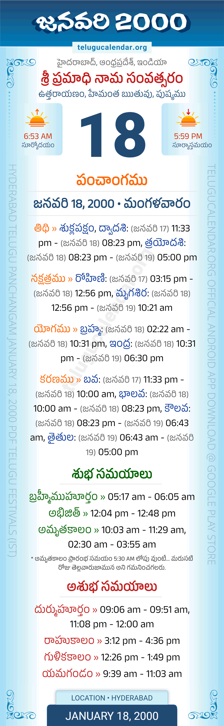 January 18, 2000 Telugu Calendar Panchangam Daily