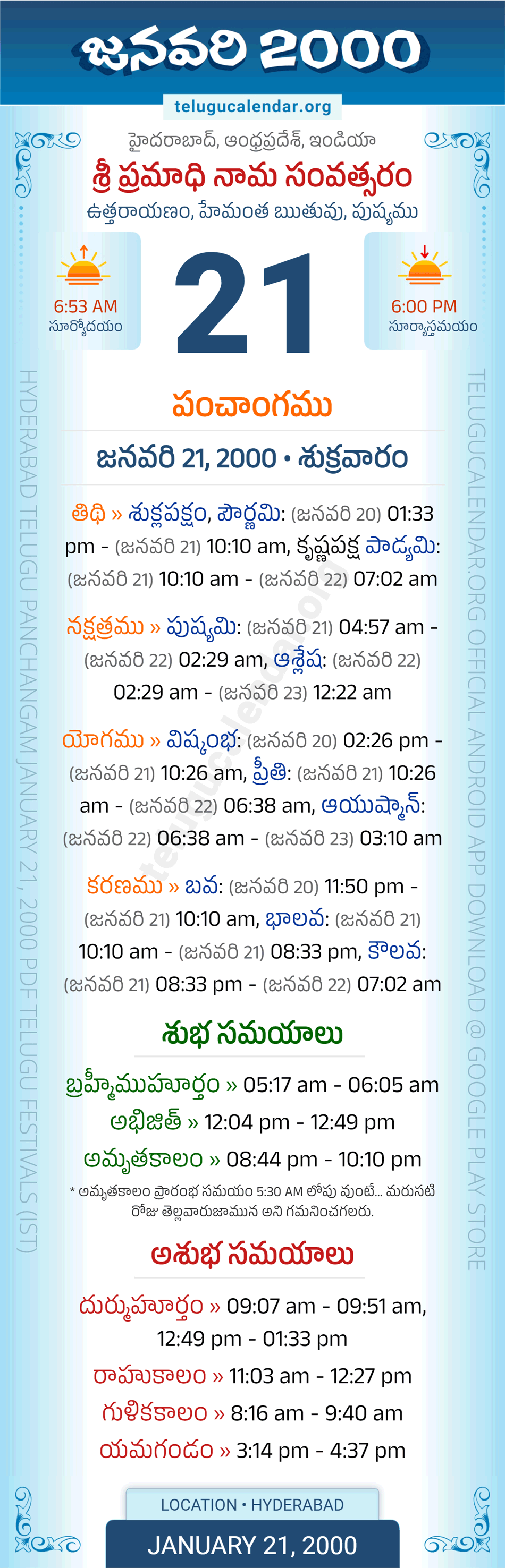 January 21, 2000 Telugu Calendar Panchangam Daily