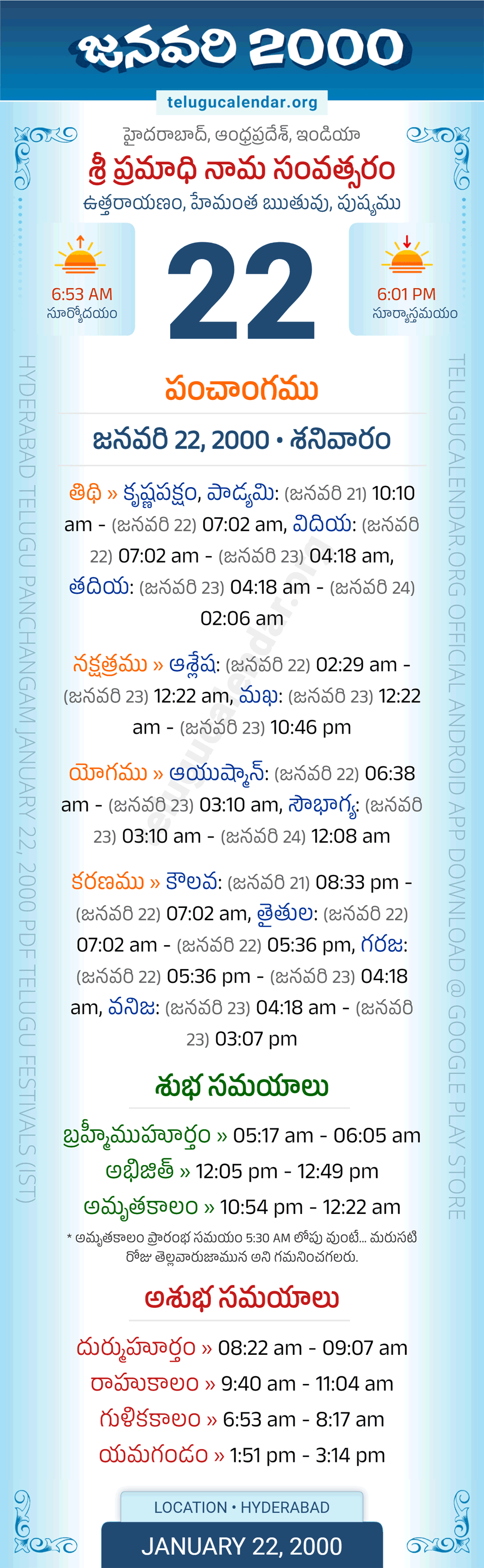 January 22, 2000 Telugu Calendar Panchangam Daily