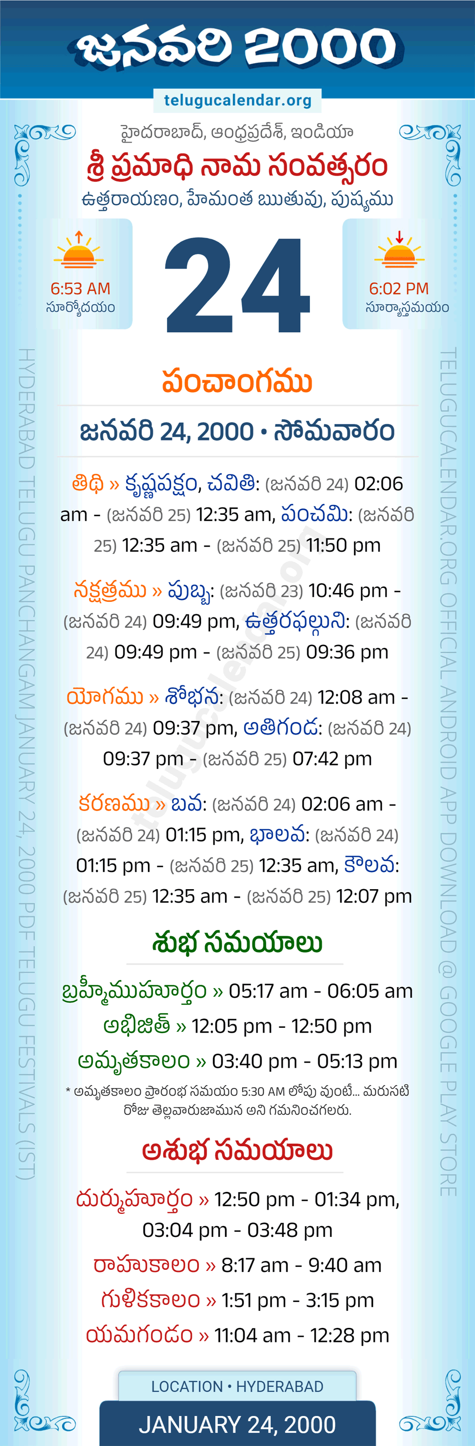 January 24, 2000 Telugu Calendar Panchangam Daily