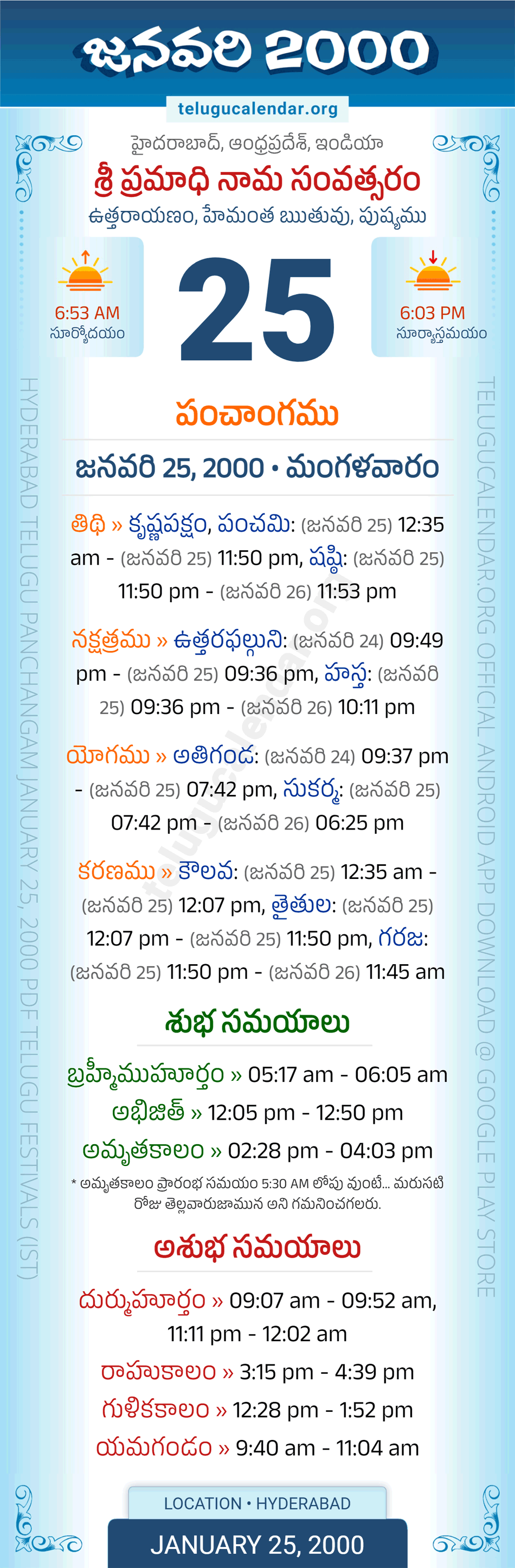 January 25, 2000 Telugu Calendar Panchangam Daily