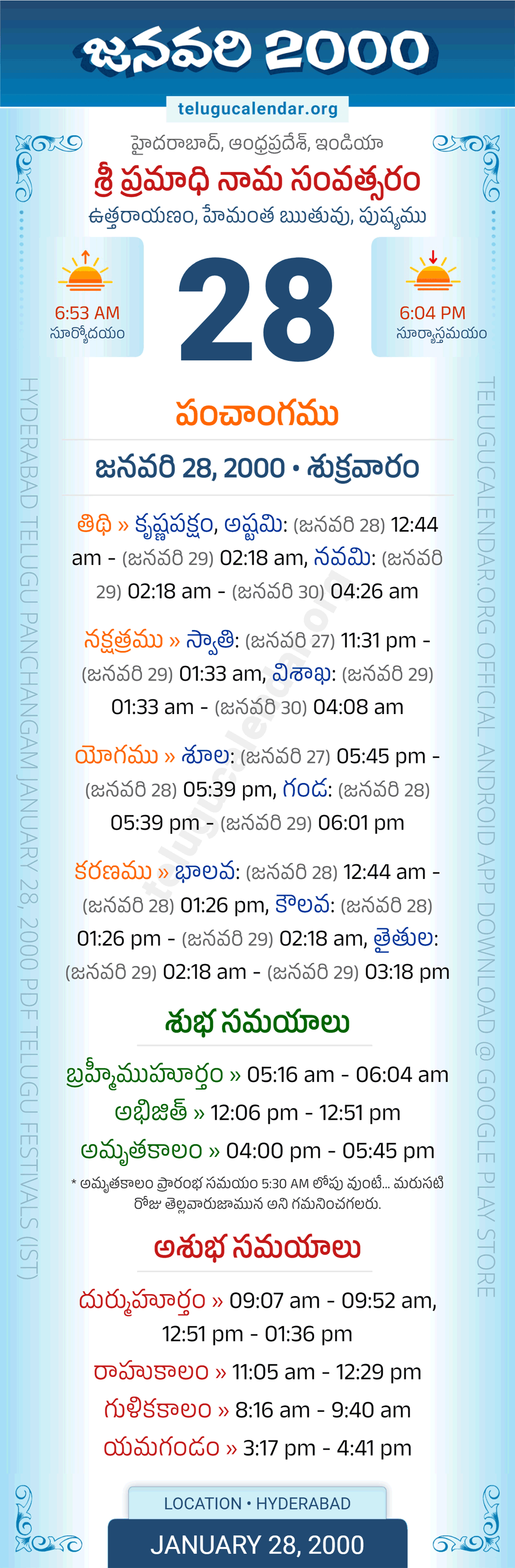 January 28, 2000 Telugu Calendar Panchangam Daily