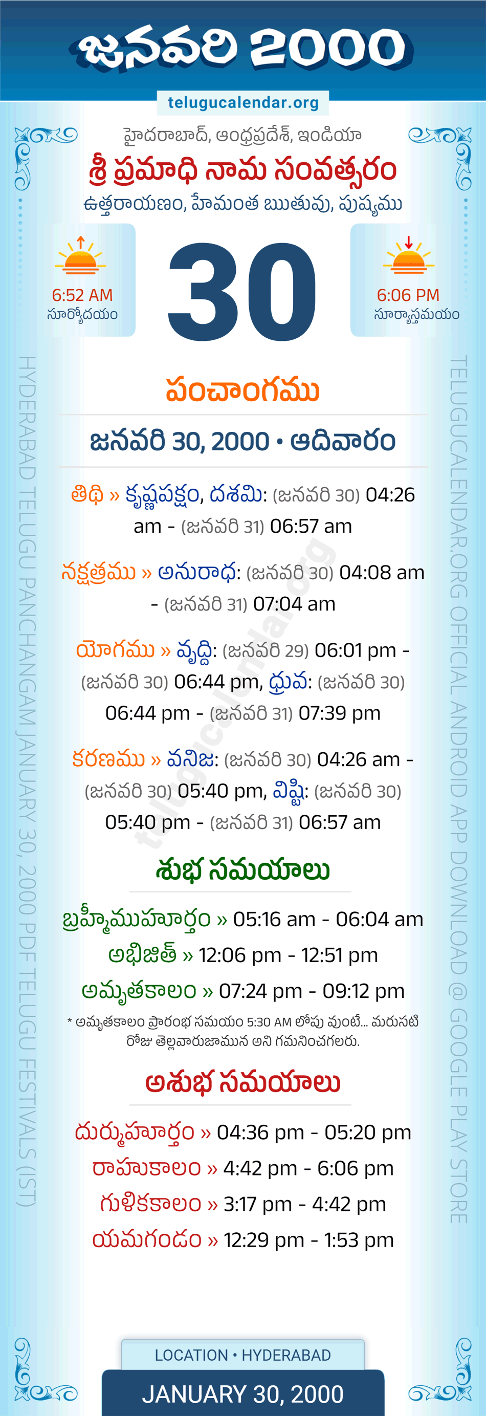 January 30, 2000 Telugu Calendar Panchangam Daily