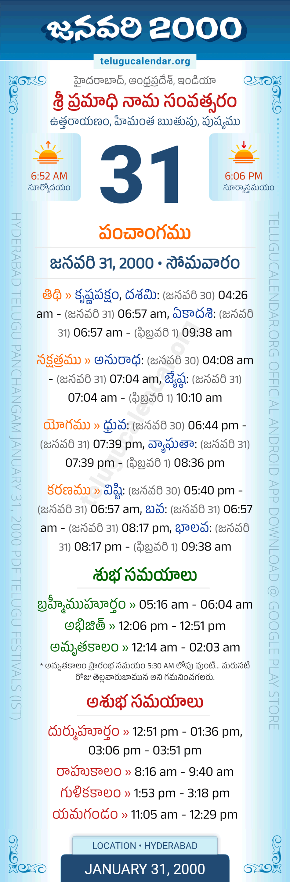 January 31, 2000 Telugu Calendar Panchangam Daily