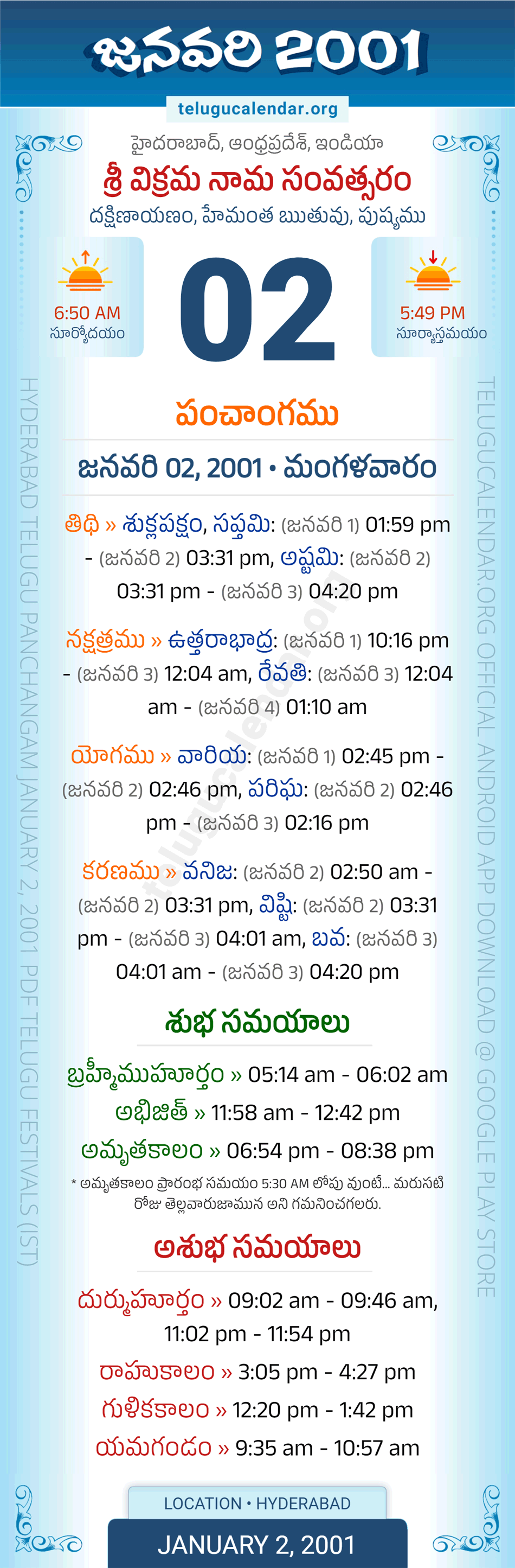 January 2, 2001 Telugu Calendar Panchangam Daily