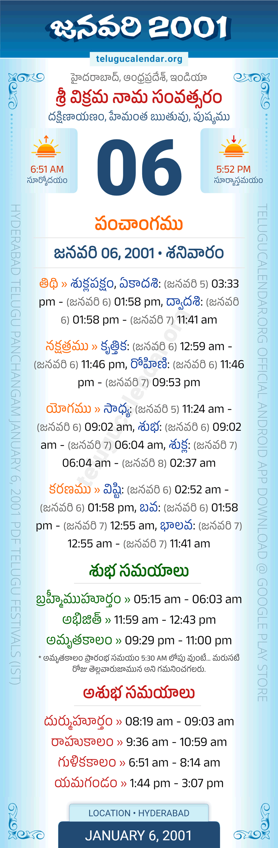January 6, 2001 Telugu Calendar Panchangam Daily