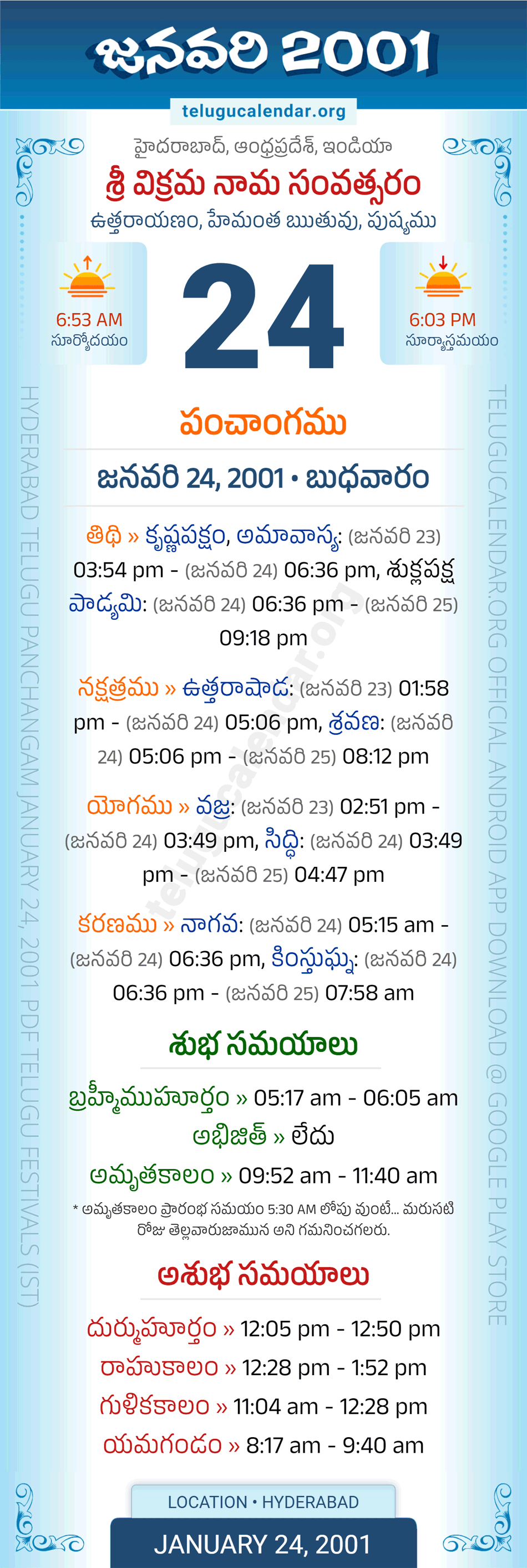 January 24, 2001 Telugu Calendar Panchangam Daily