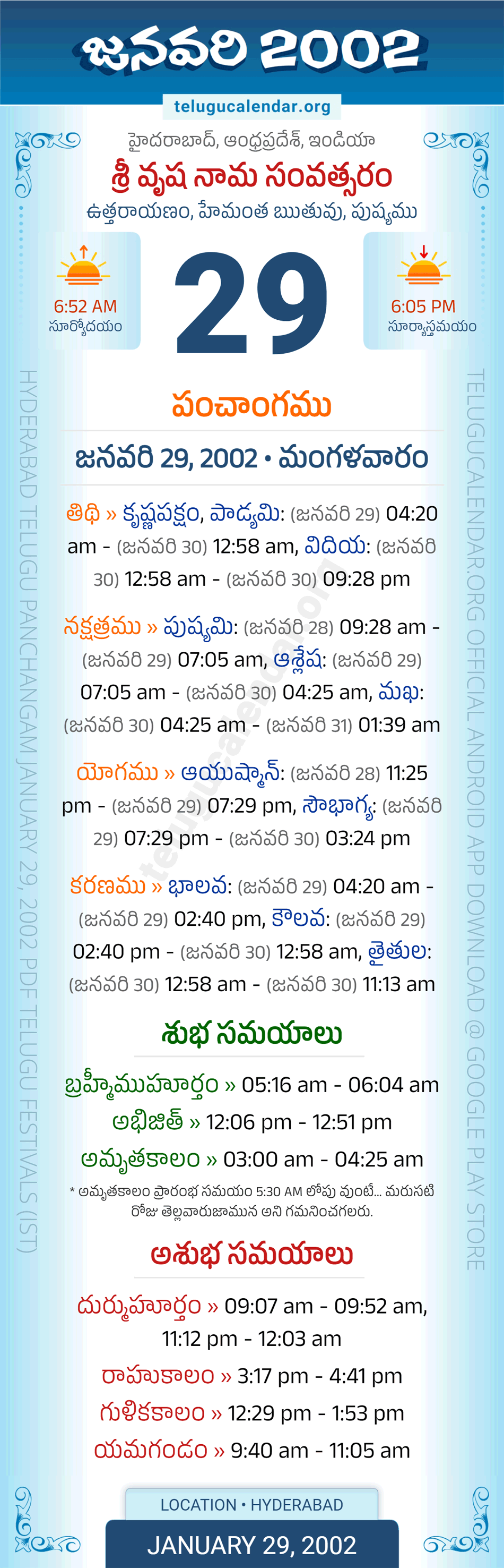 January 29, 2002 Telugu Calendar Panchangam Daily