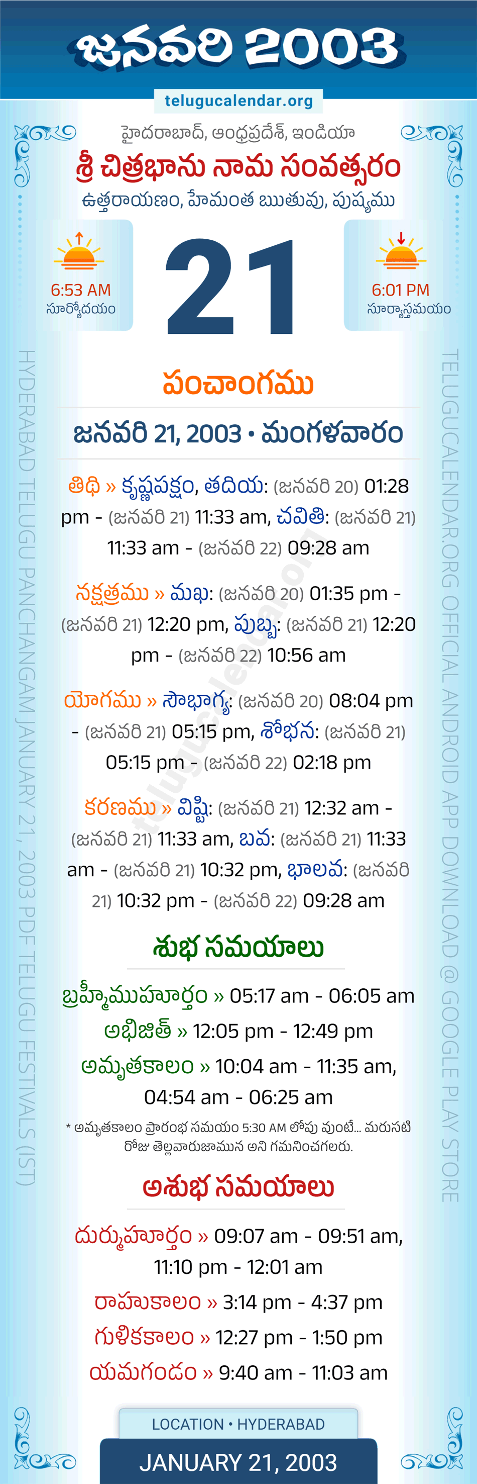 January 21, 2003 Telugu Calendar Panchangam Daily