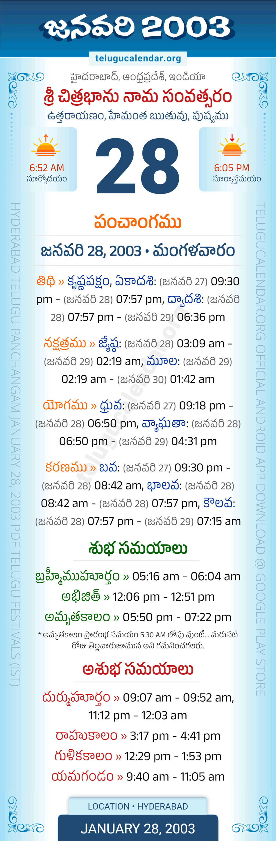 January 28, 2003 Telugu Calendar Panchangam Daily