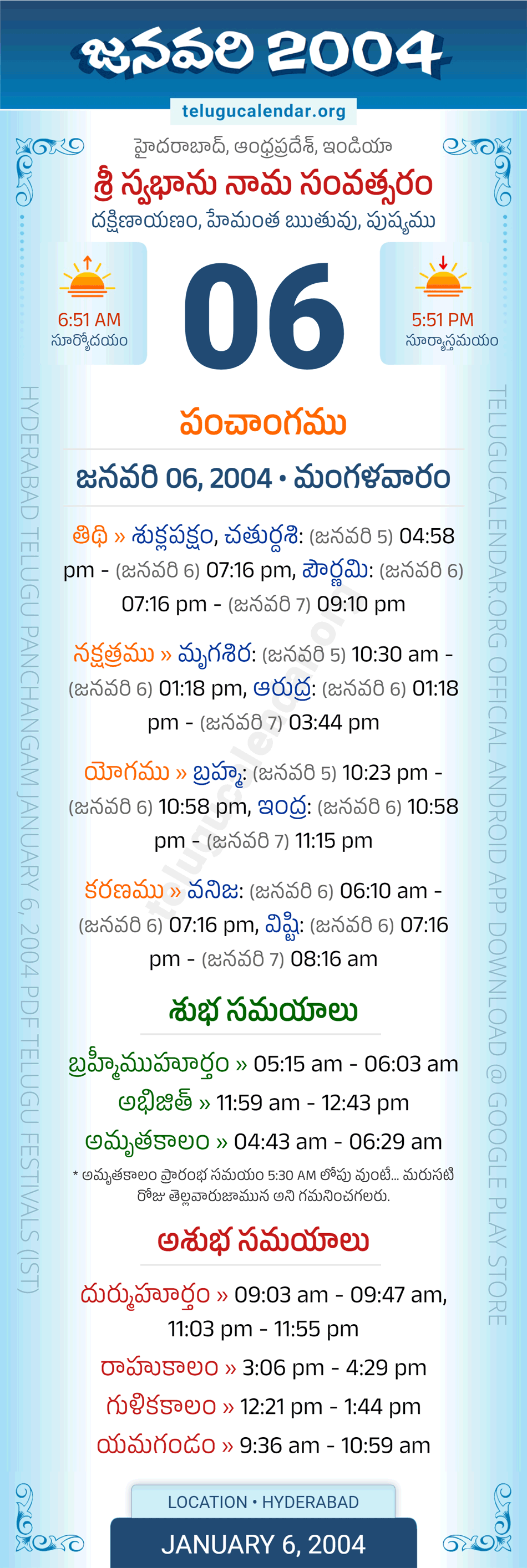 January 6, 2004 Telugu Calendar Panchangam Daily