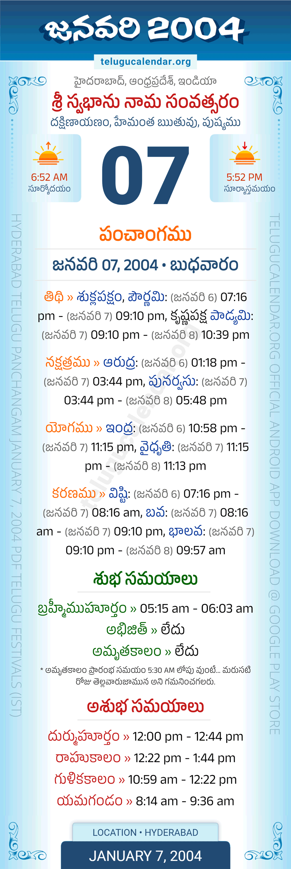 January 7, 2004 Telugu Calendar Panchangam Daily