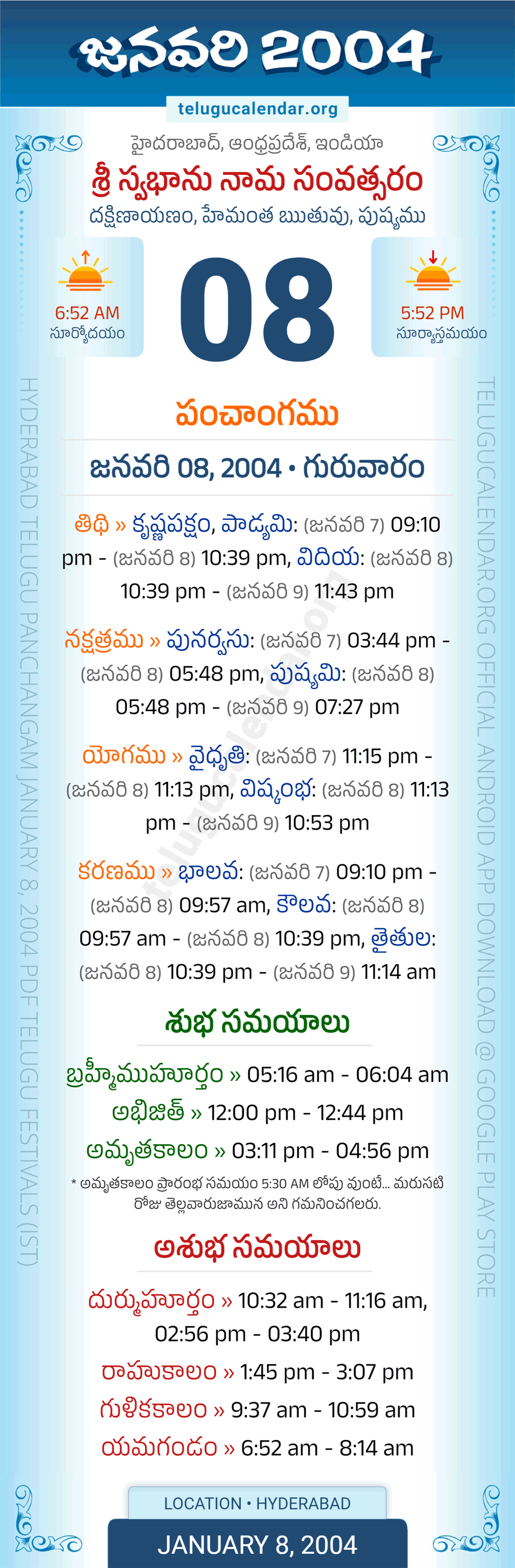 January 8, 2004 Telugu Calendar Panchangam Daily